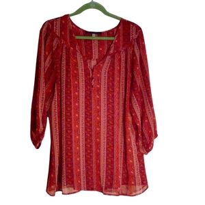 Rose & Olive Red White Multi Peasant Sheer Georgette Floral Paisley Pullover 1X